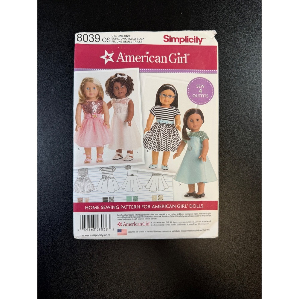 Simplicity 8039 American Girl Doll Sewing Pattern 18 Inch Doll Clothes K7